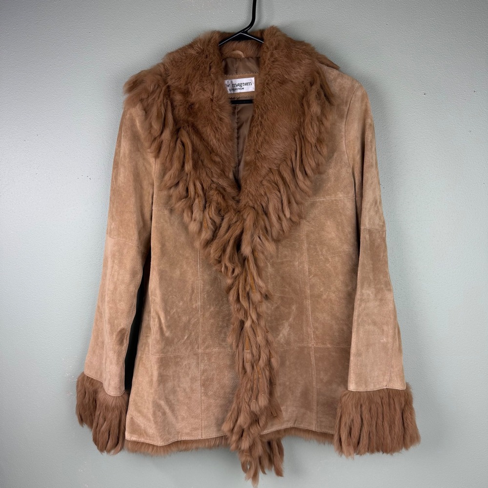 Lew Magram Collection Women Tan Camel Suede Faux Fur Trim Jacket Boho Large